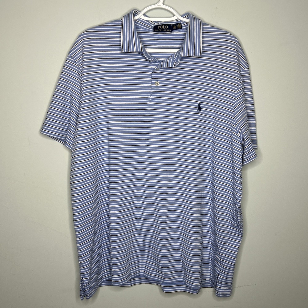 Ralph Lauren Preppy Blue Striped Polo Shirt Cotton‎ Soft Touch Casual XL